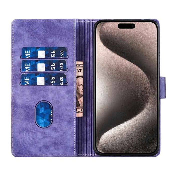 For iPhone 17 Pen Heart Cat Embossed Leather Phone Case(Purple)