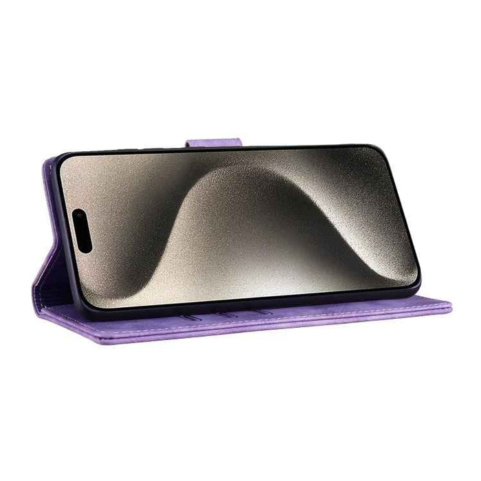 For iPhone 17 Pen Heart Cat Embossed Leather Phone Case(Purple)