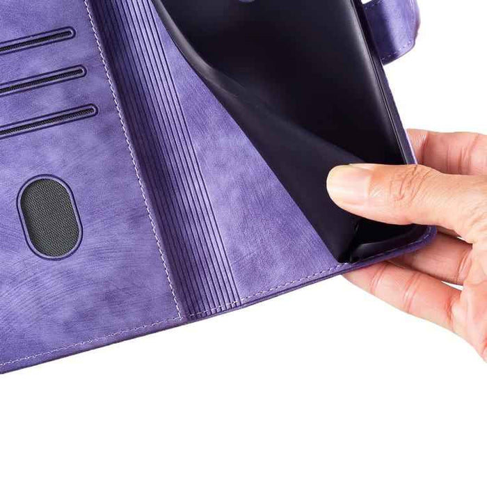 For iPhone 17 Pen Heart Cat Embossed Leather Phone Case(Purple)