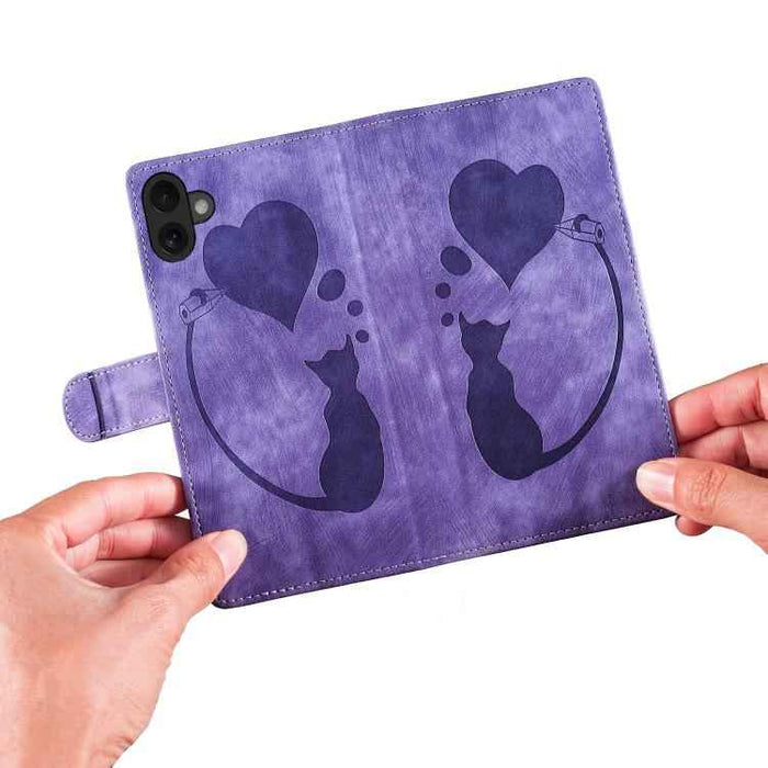 For iPhone 17 Pen Heart Cat Embossed Leather Phone Case(Purple)