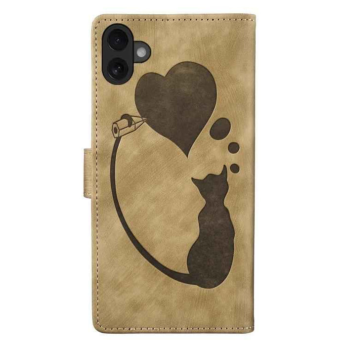 For iPhone 17 Pen Heart Cat Embossed Leather Phone Case(Apricot)