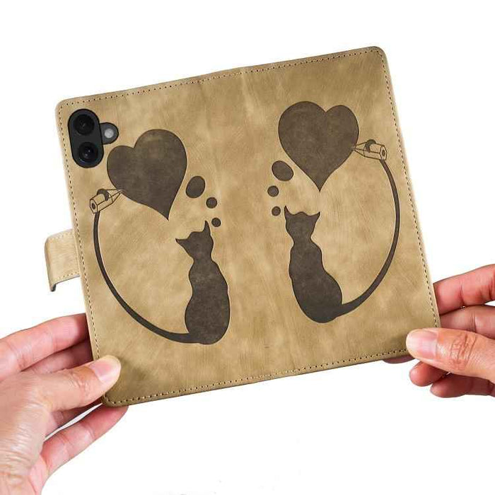 For iPhone 17 Pen Heart Cat Embossed Leather Phone Case(Apricot)