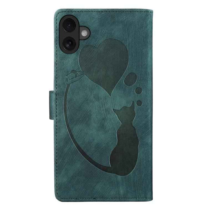 For iPhone 17 Pen Heart Cat Embossed Leather Phone Case(Green)
