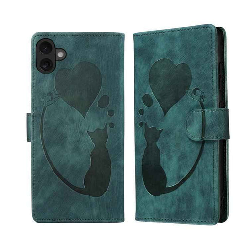 For iPhone 17 Pen Heart Cat Embossed Leather Phone Case(Green)