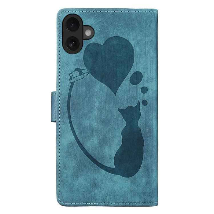 For iPhone 17 Pen Heart Cat Embossed Leather Phone Case(Blue)