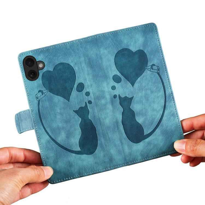 For iPhone 17 Pen Heart Cat Embossed Leather Phone Case(Blue)