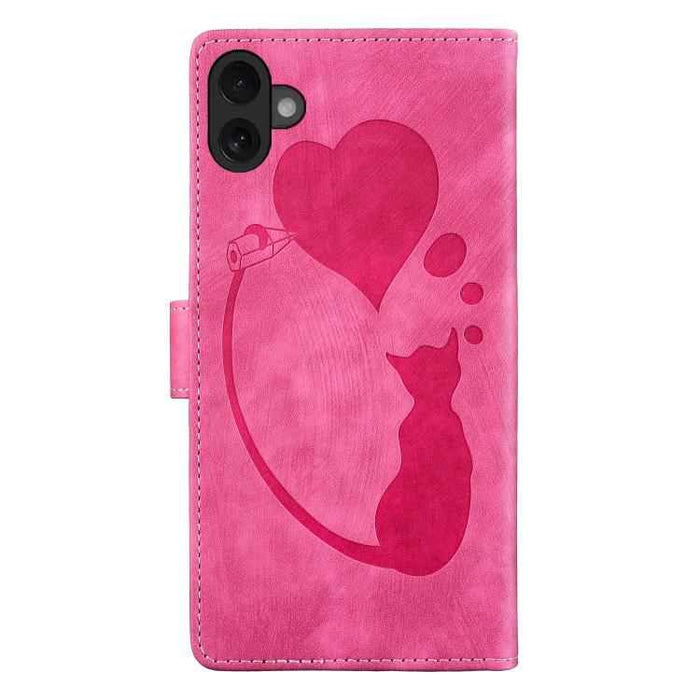 For iPhone 17 Pen Heart Cat Embossed Leather Phone Case(Pink)