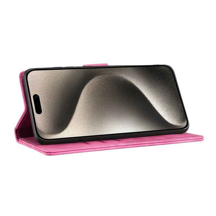 For iPhone 17 Pen Heart Cat Embossed Leather Phone Case(Pink)