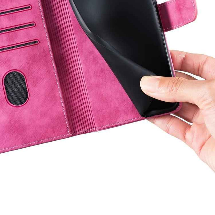 For iPhone 17 Pen Heart Cat Embossed Leather Phone Case(Pink)