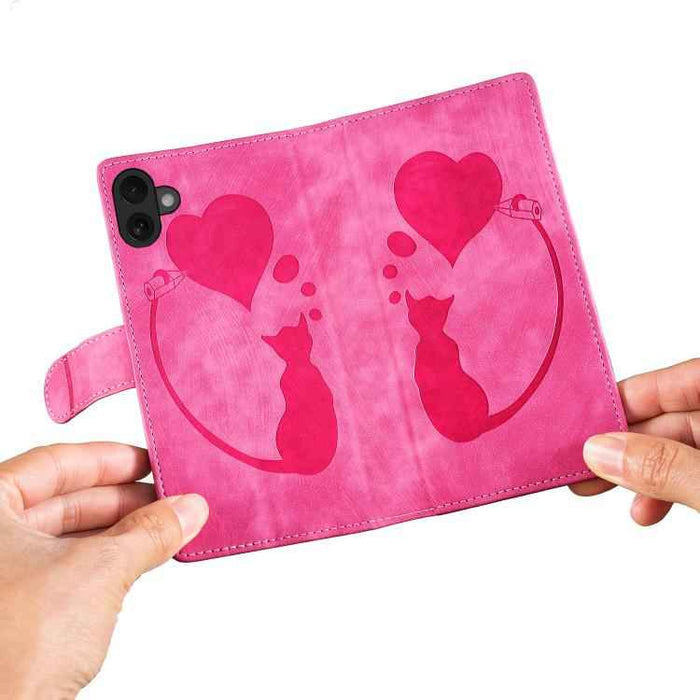 For iPhone 17 Pen Heart Cat Embossed Leather Phone Case(Pink)