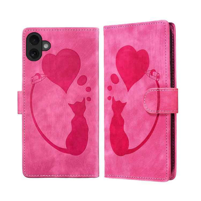 For iPhone 17 Pen Heart Cat Embossed Leather Phone Case(Pink)