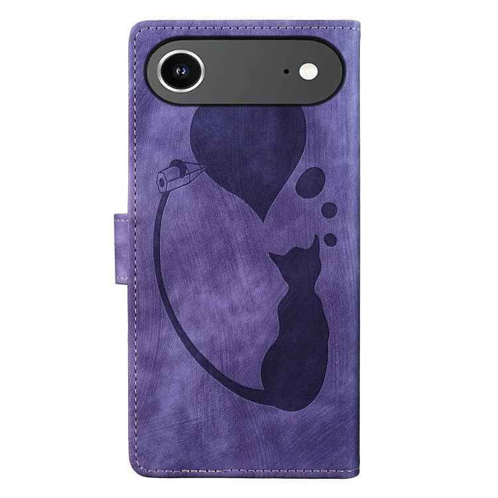 For iPhone 17 Air Pen Heart Cat Embossed Leather Phone Case(Purple)