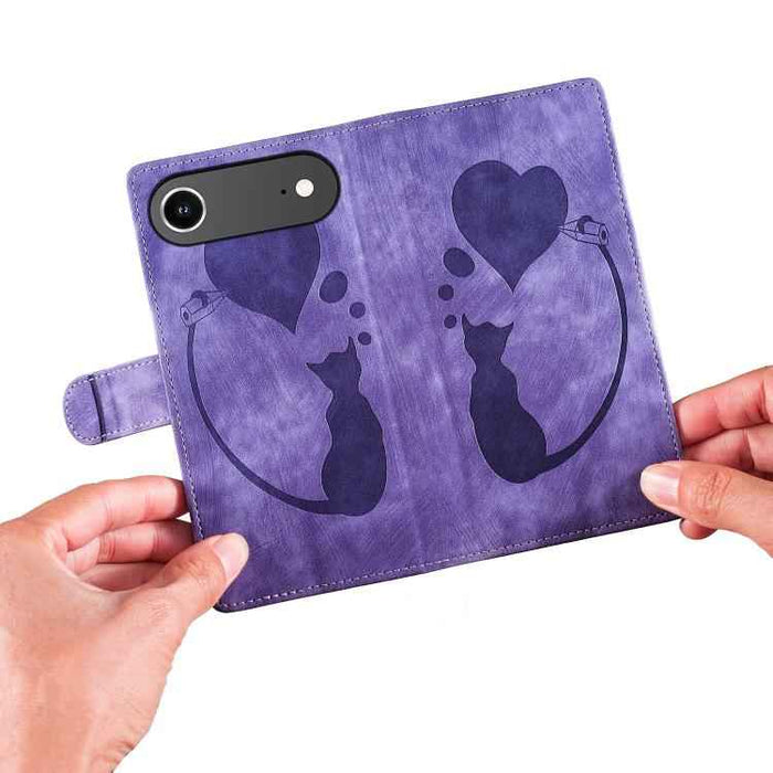 For iPhone 17 Air Pen Heart Cat Embossed Leather Phone Case(Purple)