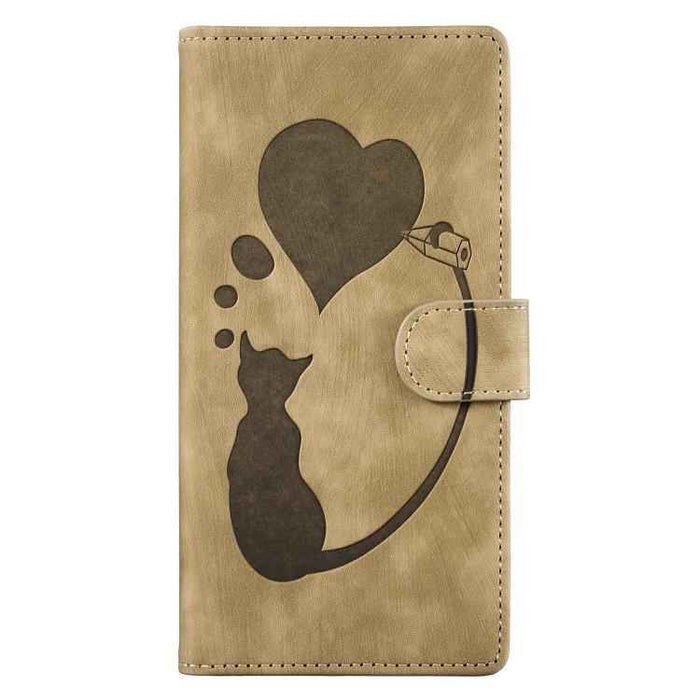 For iPhone 17 Air Pen Heart Cat Embossed Leather Phone Case(Apricot)