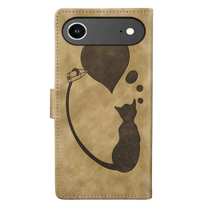 For iPhone 17 Air Pen Heart Cat Embossed Leather Phone Case(Apricot)