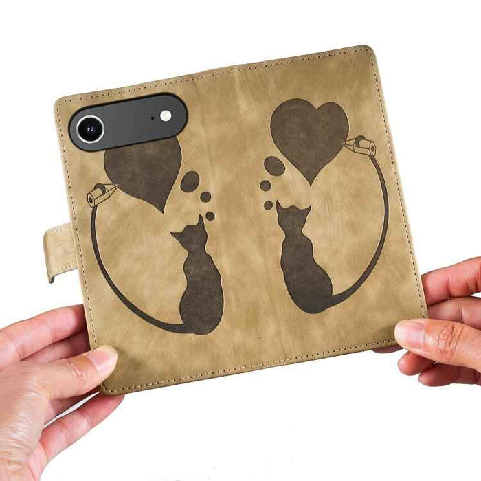 For iPhone 17 Air Pen Heart Cat Embossed Leather Phone Case(Apricot)