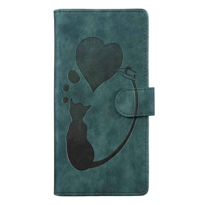 For iPhone 17 Air Pen Heart Cat Embossed Leather Phone Case(Green)