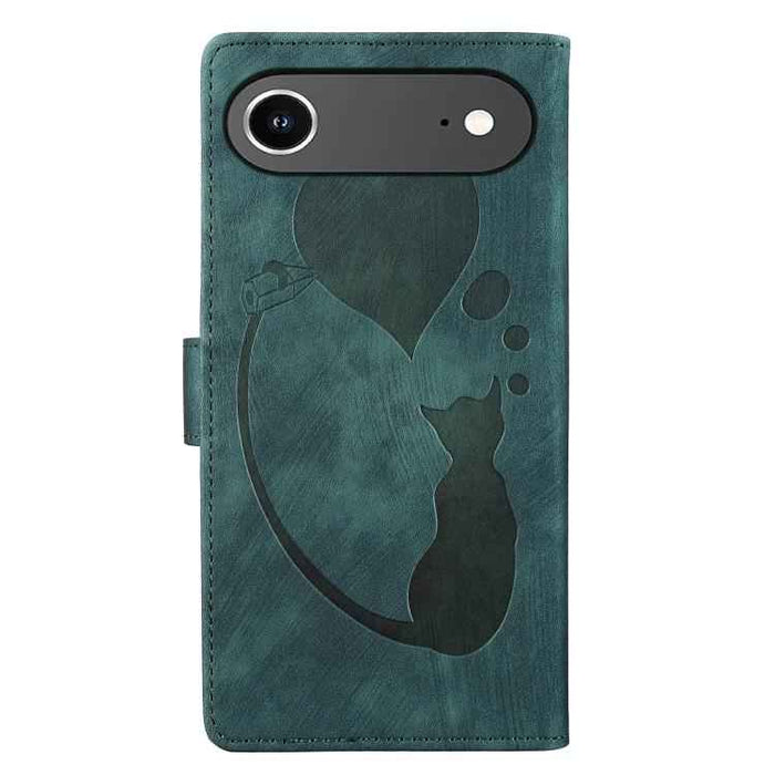 For iPhone 17 Air Pen Heart Cat Embossed Leather Phone Case(Green)