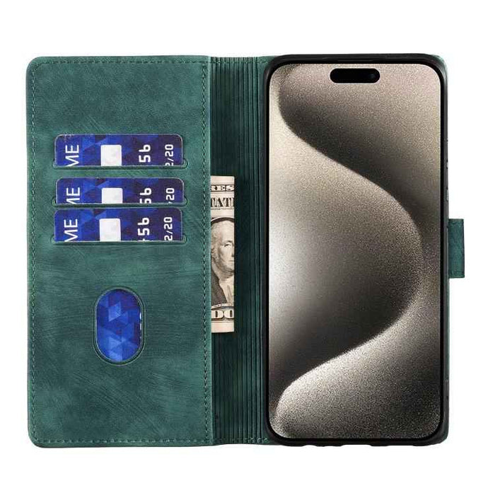 For iPhone 17 Air Pen Heart Cat Embossed Leather Phone Case(Green)
