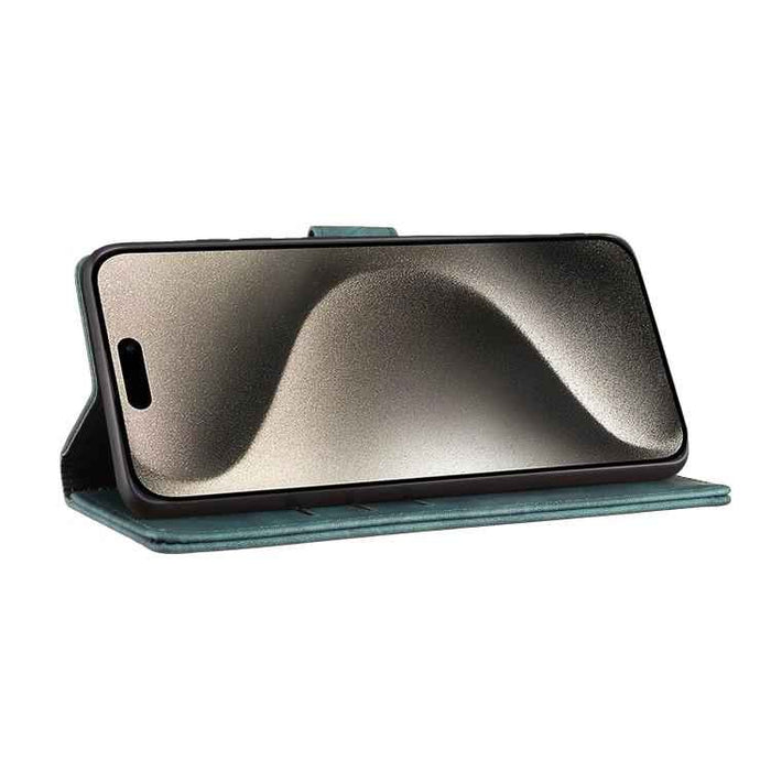 For iPhone 17 Air Pen Heart Cat Embossed Leather Phone Case(Green)