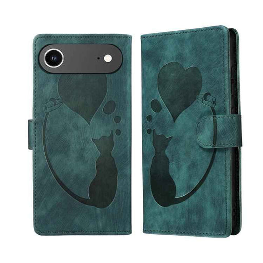 For iPhone 17 Air Pen Heart Cat Embossed Leather Phone Case(Green)