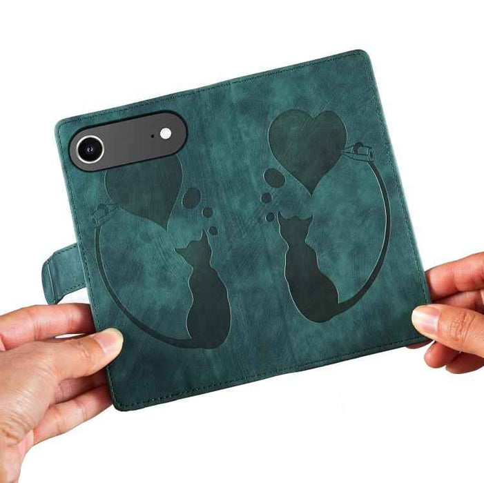For iPhone 17 Air Pen Heart Cat Embossed Leather Phone Case(Green)