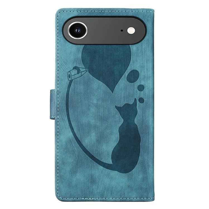 For iPhone 17 Air Pen Heart Cat Embossed Leather Phone Case(Blue)