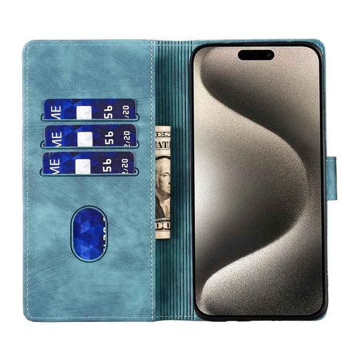 For iPhone 17 Air Pen Heart Cat Embossed Leather Phone Case(Blue)