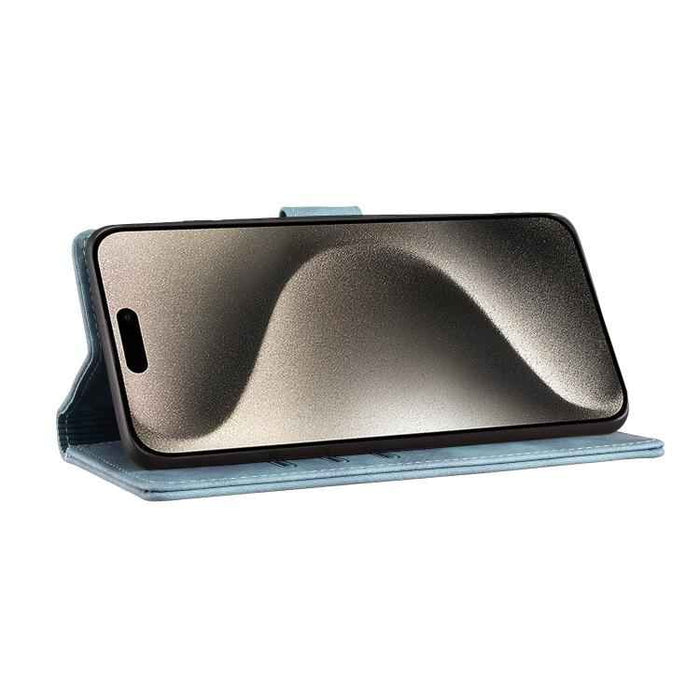 For iPhone 17 Air Pen Heart Cat Embossed Leather Phone Case(Blue)