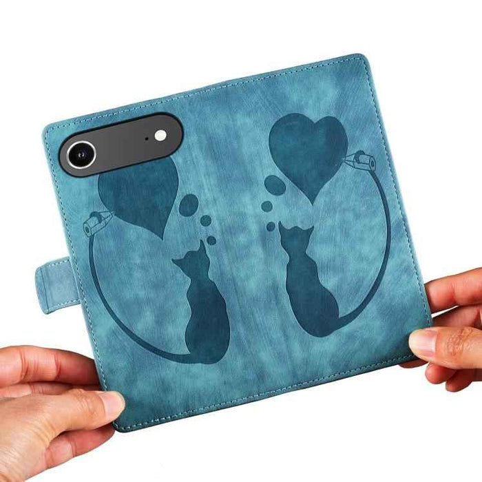 For iPhone 17 Air Pen Heart Cat Embossed Leather Phone Case(Blue)