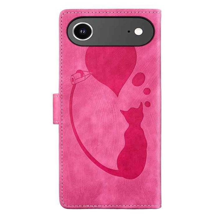 For iPhone 17 Air Pen Heart Cat Embossed Leather Phone Case(Pink)