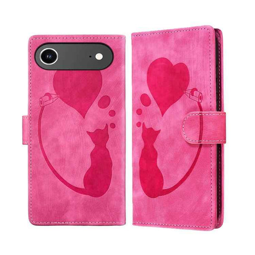 For iPhone 17 Air Pen Heart Cat Embossed Leather Phone Case(Pink)