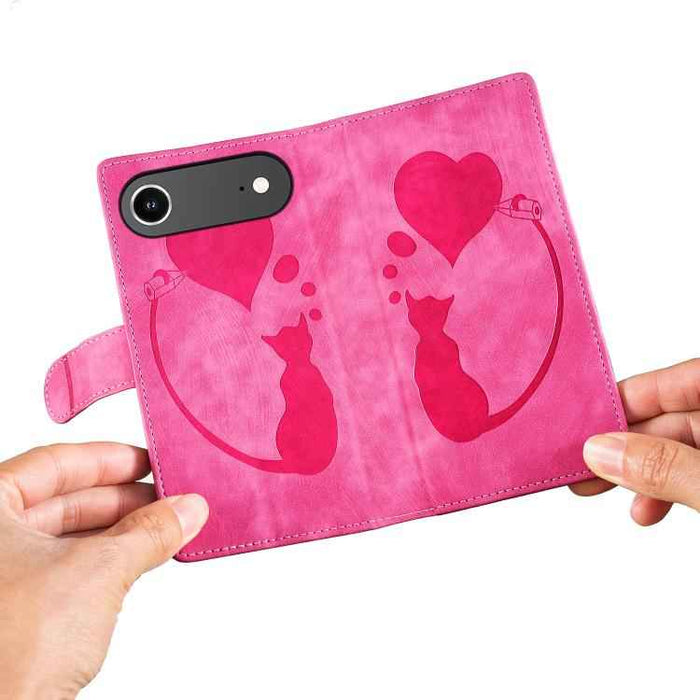 For iPhone 17 Air Pen Heart Cat Embossed Leather Phone Case(Pink)