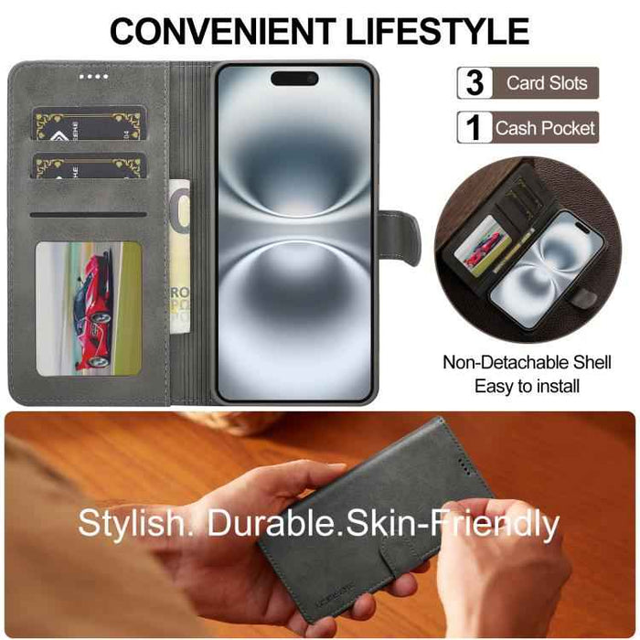 LC.IMEEKE Calf Texture Horizontal Flip Leather Case For iPhone 17(Grey)