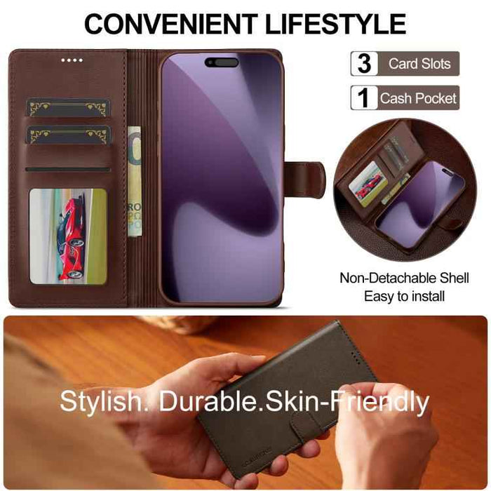 LC.IMEEKE Calf Texture Horizontal Flip Leather Case For iPhone 17 Pro Max(Brown)