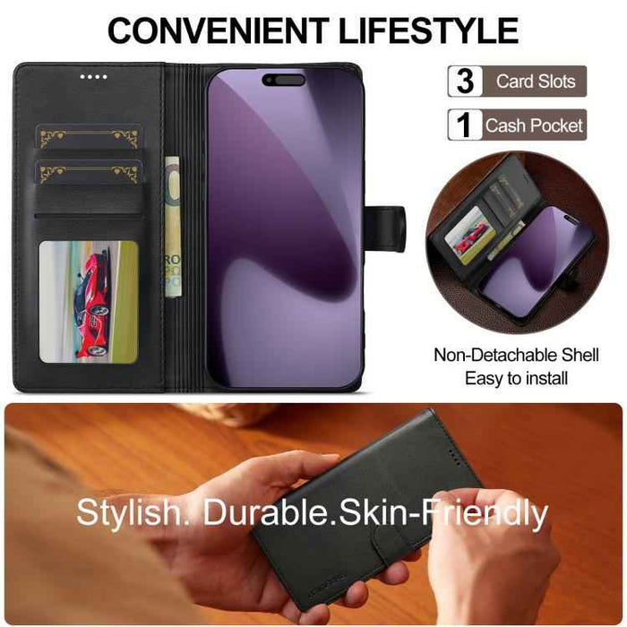 LC.IMEEKE Calf Texture Horizontal Flip Leather Case For iPhone 17 Pro Max(Black)