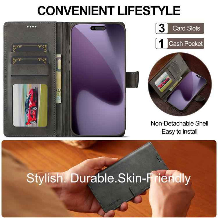 LC.IMEEKE Calf Texture Horizontal Flip Leather Case For iPhone 17 Pro Max(Grey)