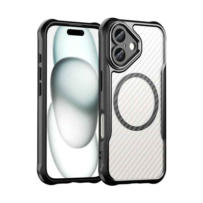 For iPhone 16 Carbon Fiber Texture MagSafe Translucent Phone Case(Black)