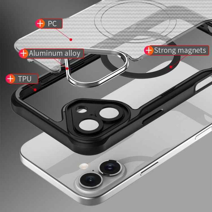 For iPhone 16 Carbon Fiber Texture MagSafe Translucent Phone Case(Black)