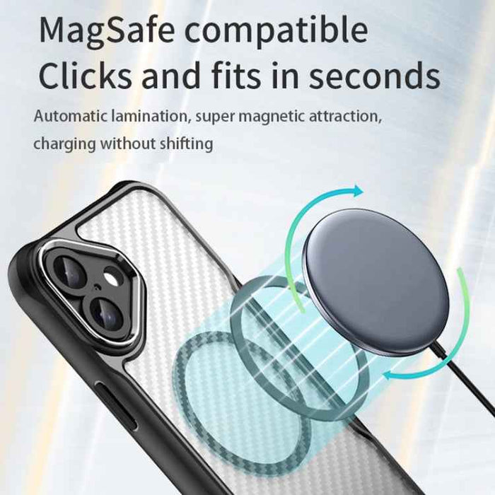 For iPhone 16 Carbon Fiber Texture MagSafe Translucent Phone Case(Black)