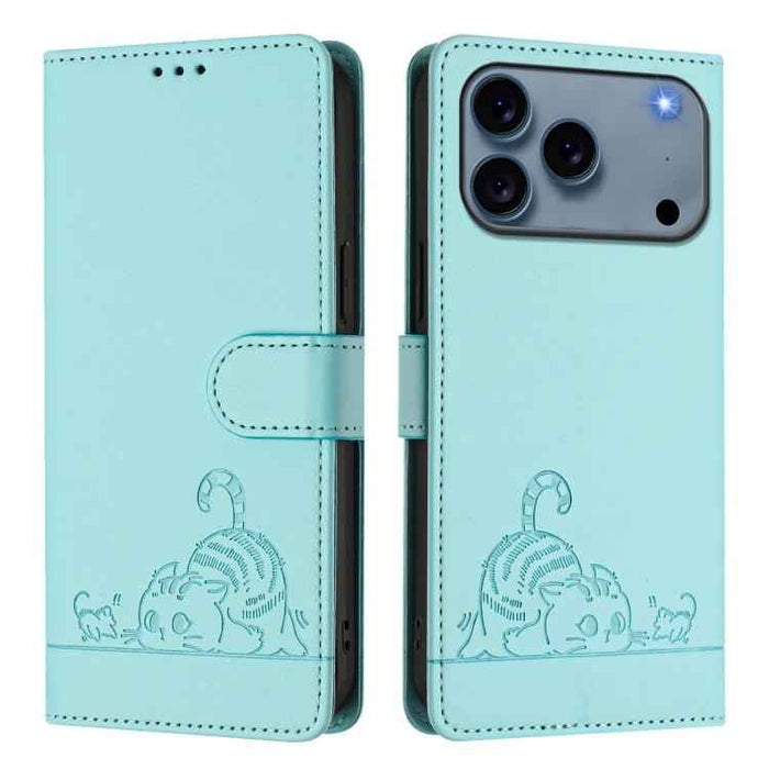 For iPhone 17 Pro Cat Rat Embossed Pattern RFID Leather Phone Case with Lanyard(Mint Green)