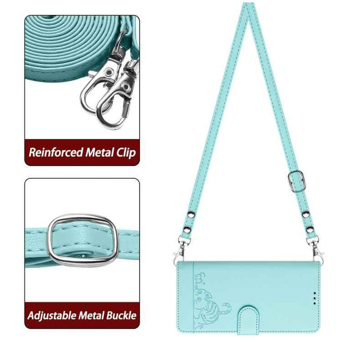 For iPhone 17 Pro Cat Rat Embossed Pattern RFID Leather Phone Case with Lanyard(Mint Green)