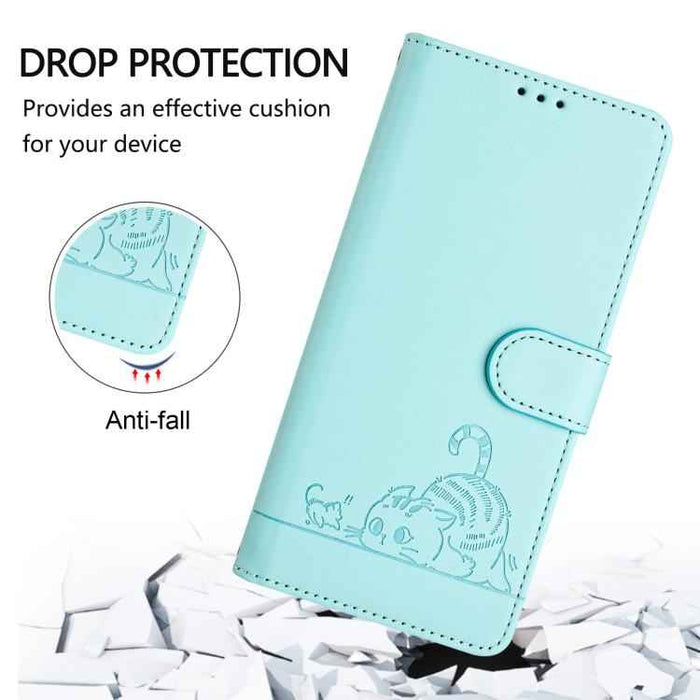 For iPhone 17 Pro Cat Rat Embossed Pattern RFID Leather Phone Case with Lanyard(Mint Green)