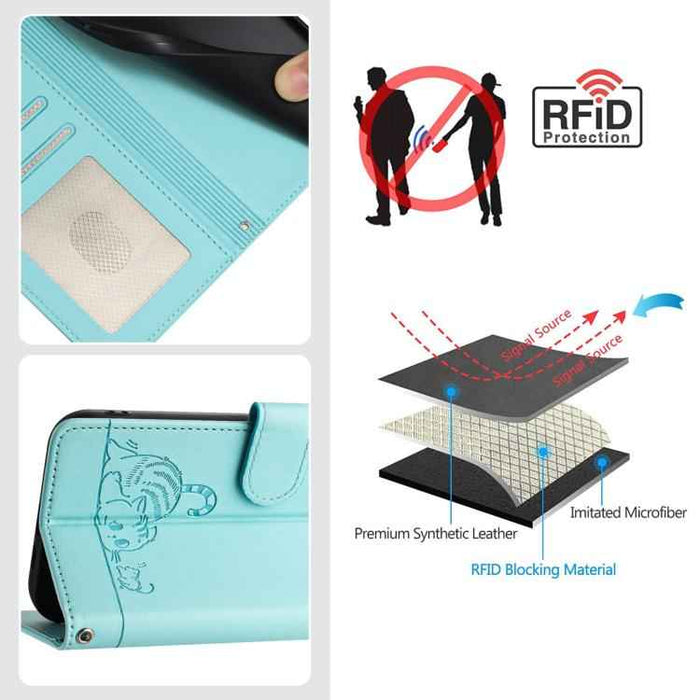 For iPhone 17 Pro Cat Rat Embossed Pattern RFID Leather Phone Case with Lanyard(Mint Green)