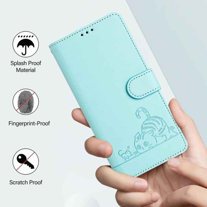 For iPhone 17 Pro Cat Rat Embossed Pattern RFID Leather Phone Case with Lanyard(Mint Green)