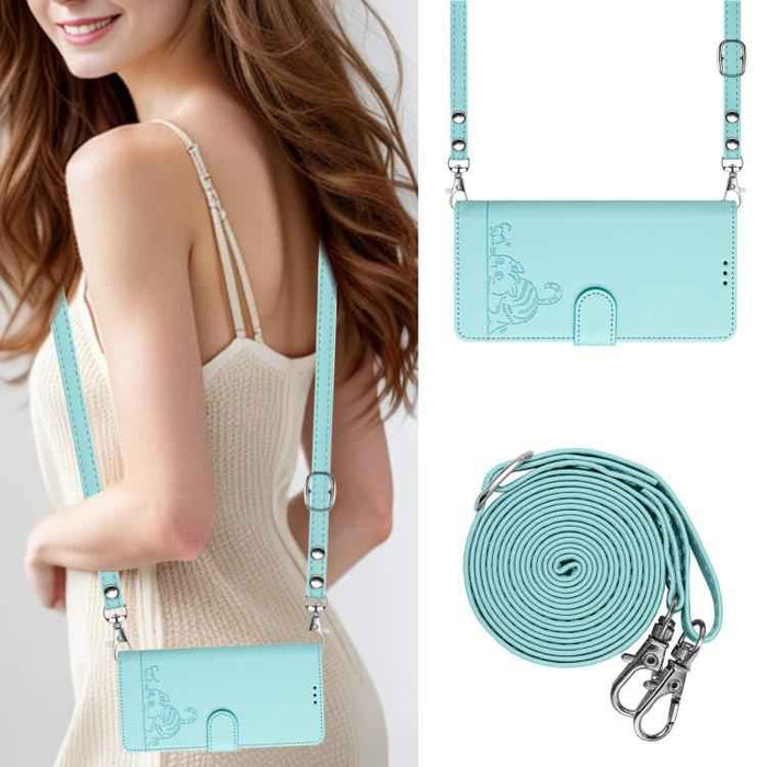 For iPhone 17 Pro Cat Rat Embossed Pattern RFID Leather Phone Case with Lanyard(Mint Green)