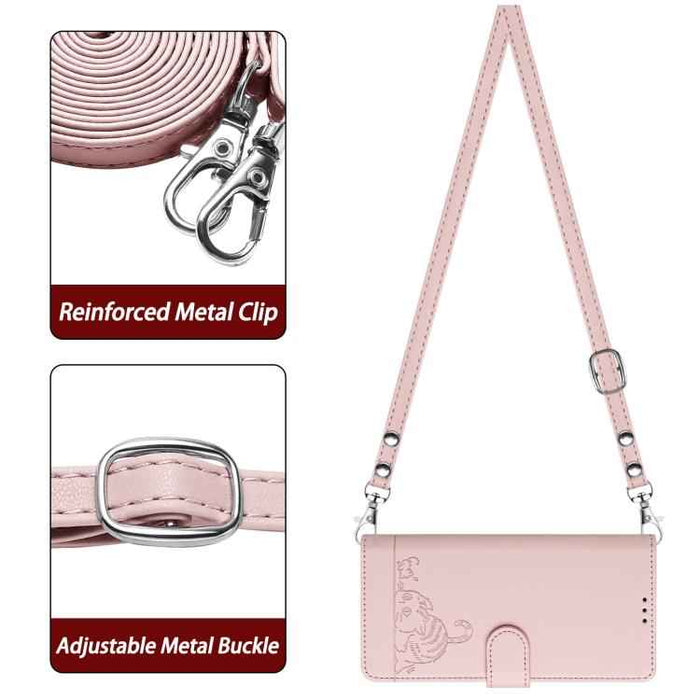 For iPhone 17 Pro Cat Rat Embossed Pattern RFID Leather Phone Case with Lanyard(Pink)