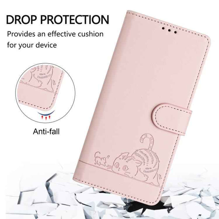 For iPhone 17 Pro Cat Rat Embossed Pattern RFID Leather Phone Case with Lanyard(Pink)
