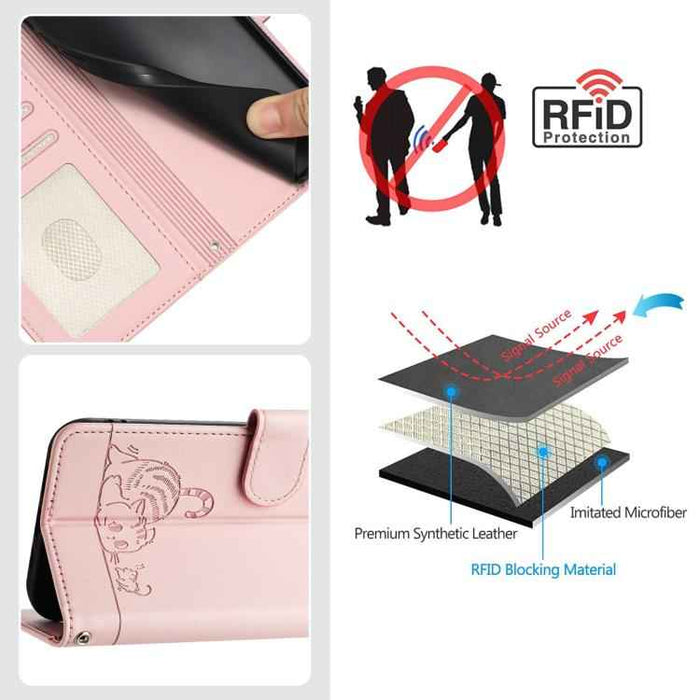 For iPhone 17 Pro Cat Rat Embossed Pattern RFID Leather Phone Case with Lanyard(Pink)