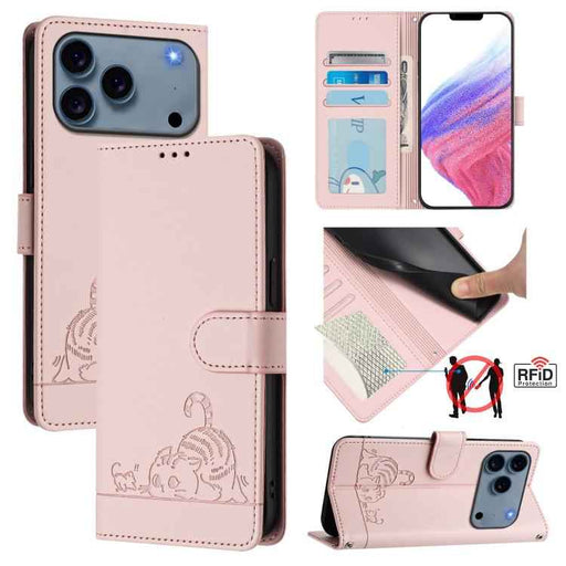 For iPhone 17 Pro Cat Rat Embossed Pattern RFID Leather Phone Case with Lanyard(Pink)